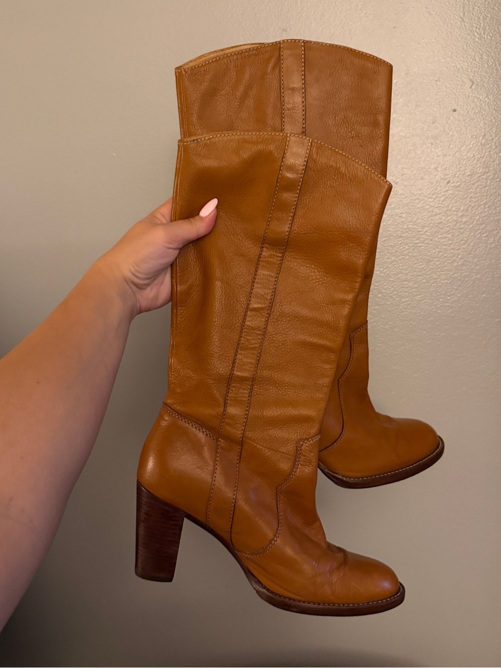 Michael Kors Cognac Brown Genuine Leather Knee High Block Heel Boots